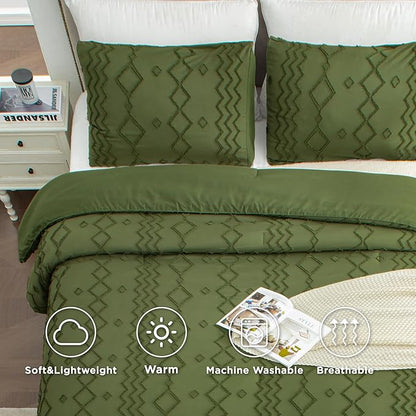 Andency Olive Green Tufted Comforter Set Full(79x90Inch), 3 Pieces(1 Boho Comforter, 2 Pillowcases) Textured Farmhouse, Soft Microfiber Down Alternative Geometric Bedding Set