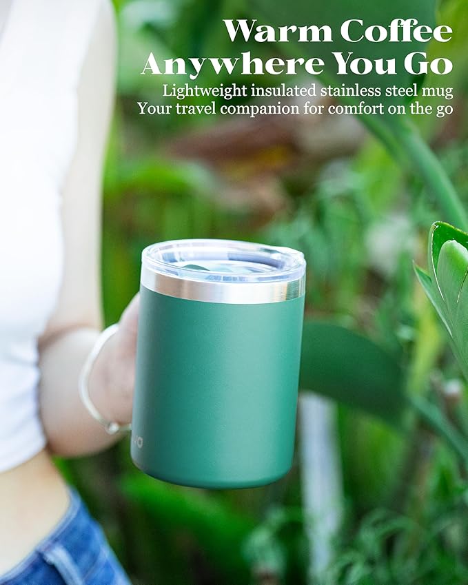 12oz Insulated Coffee Mug with Lid – Includes Two Lids, Stainless Steel Coffee Travel Mug with Handle, Double Wall Vacuum Insulated Camping Mug for Home, Office & Outdoor, Sage Green
