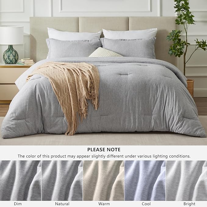 CozyLux Oversized Queen Comforter Set, 3 Pieces 98x98 Light Grey Soft Luxury Cationic Dyeing Bedding All Season, Light Gray Breathable Fluffy Bed Sets with 1 Alternative Comforter and 2 Pillow Shams