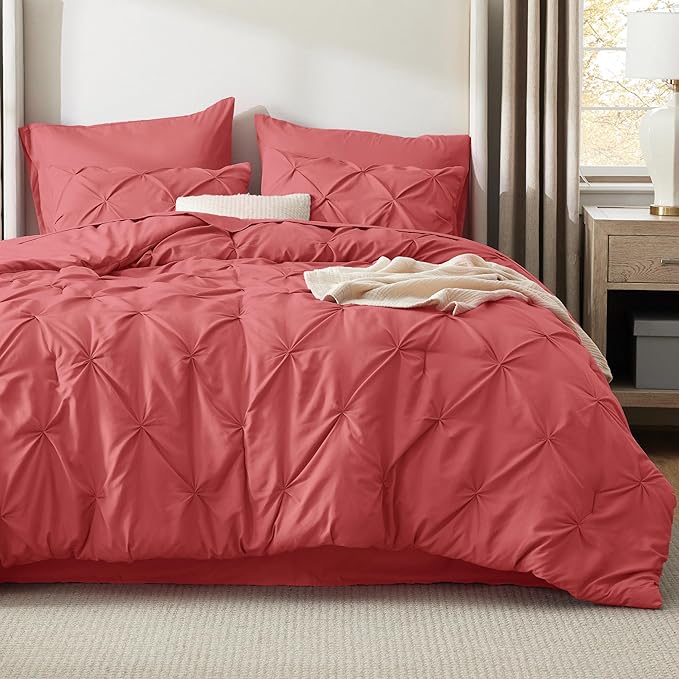 Bedsure Queen Comforter Set Coral Red - Bed in a Bag Queen Size Bedding 7 Pieces, GentleSoft™ Pintuck Bed Set Gift for Family, Pinch Pleat All Season Comforter with Sheets, Pillowcases & Shams