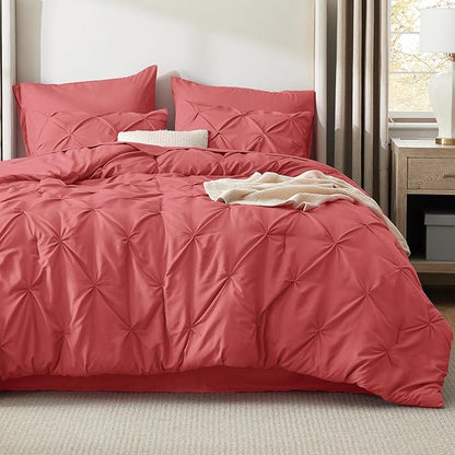 Bedsure California King Comforter Set - Bed in a Bag Cal King Bedding Set 7 PCS, GentleSoft™ Pintuck Bed Set Gift for Family, Pinch Pleat Coral Red Comforter with Sheets, Pillowcases & Shams