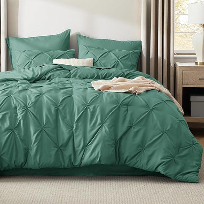 Bedsure Queen Comforter Set Baby Pea Green - Bed in a Bag Queen Size Bedding 7 Pieces, GentleSoft™ Pintuck Bed Set Gift for Family, Pinch Pleat All Season Comforter with Sheets, Pillowcases & Shams