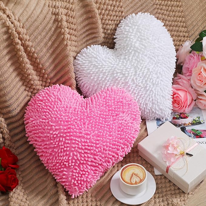 2 Pcs Valentine's Day Heart Shaped Pillow 14 Inch Heart Chenille Pillow Cushion Plush Soft Throw Cushion with Removable Cover for Sofa Couch Bed Women Valentine's Gifts(White, Pink)