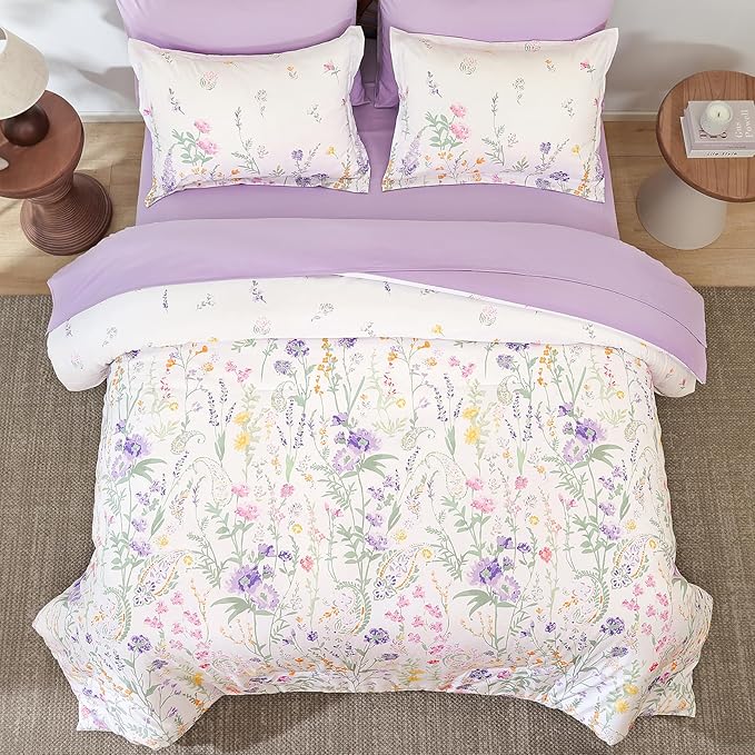 Yiran Floral Comforter Set King Size, Purple 7 Piece Cute Flower Comforters Bed in a Bag Lavender, Soft Microfiber Complete Aesthetic Botanical Bedding Set with Sheets for Women Girls