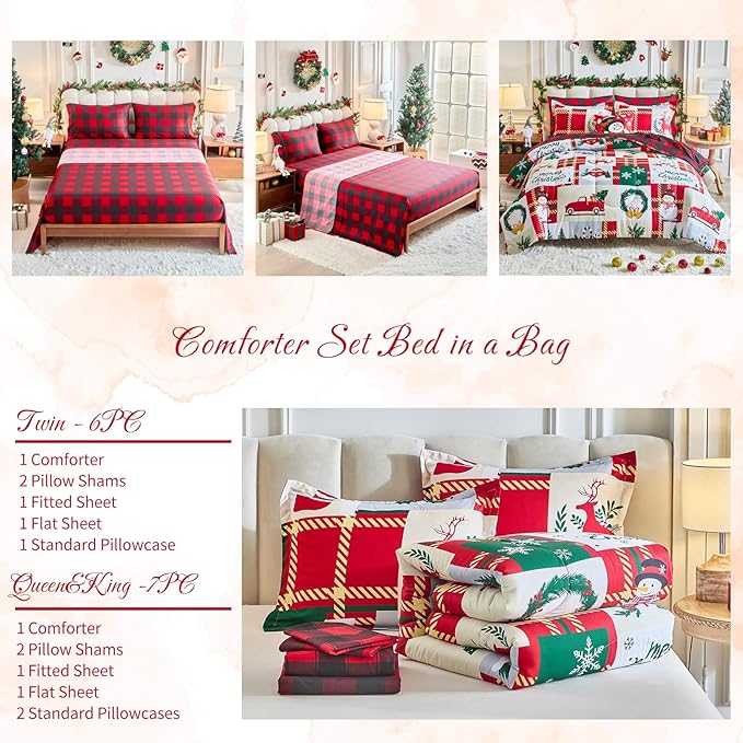 Christmas Patchwork Bed in a Bag 6 Pcs Twin Size, Colorful Festival Pattern Plaid Bedding Comforter Set Warm for Winter(1 Comforter, 1 Flat Sheet, 1 Fitted Sheet, 2 Pillow Shams, 1 Pillowcase)