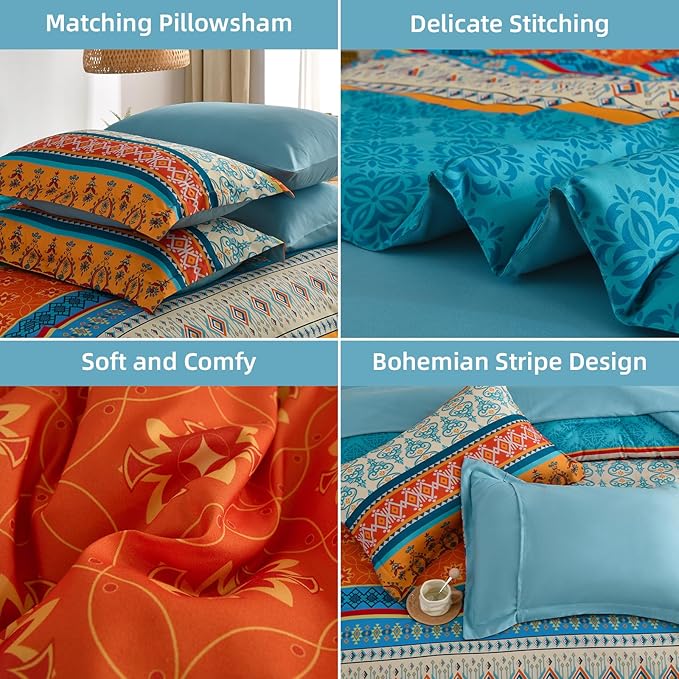 Comforter Set King Size Boho,7 Pieces Bohemian Bedding Comforter Set Striped Bed in a Bag,Teal Paisley Floral Comfortet and Sheet Set,Soft Microfiber Bedding Sets for All Season
