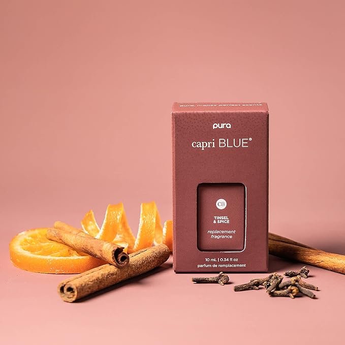 Capri Blue x Pura 4 - Smart Fragrance Diffuser Plug in Kit - Includes 1 Pura Diffuser + 2 Fragrance Refill Vials - Long Lasting Scents - LED Light - 2.4 GHz WiFi Required (Tinsel & Spice + Volcano)