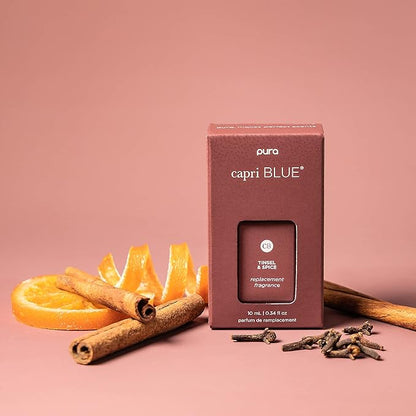 Capri Blue x Pura 4 - Smart Fragrance Diffuser Plug in Kit - Includes 1 Pura Diffuser + 2 Fragrance Refill Vials - Long Lasting Scents - LED Light - 2.4 GHz WiFi Required (Tinsel & Spice + Volcano)