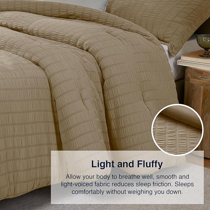 Brown King Comforter Set - 3 Pieces Seersucker Lightweight Bedding Comforter Sets (1 Soft Fluffy Comforter & 2 Pillowcases) - All Seasons Cozy Modern Bed Sets