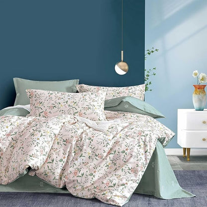 Faded Blush Floral Cotton Comforter Queen Size - 3PC Lightweight Bedding Sets with Soft Alternative Fill, Vintage-Inspired Delicate Botanical Patterns, Muted Sage Reversible Design