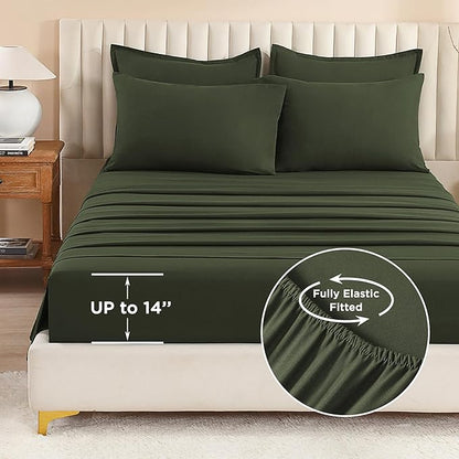 Litanika Oversized Queen Size Comforter Set Olive Green - 7 Pieces Bed in a Bag Oversized Beddding Sets, Solid Lightweight Bed Set with Comforter, Sheets, Pillowcases & Shams