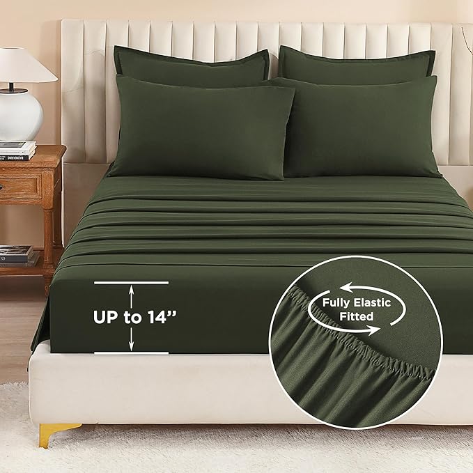 Litanika Dark Olive Green Queen Size Comforter Set - 7 Pieces Bed in a Bag Queen Bedding Comforter Sets, Plain Lightweight Bed Set with Comforter, Sheets, Pillowcases & Shams