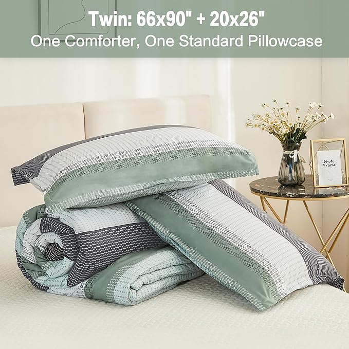 Litanika Twin/Twin XL Comforter Set Sage Green - 2 Pieces Teen Girls Boys Kids Comforter Lightweight Striped Bedding Comforter Sets (1 Comforter, 1 Pillowcase)