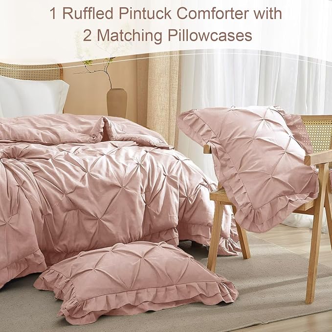 Pink Comforter Set Full Size 3 Pieces for All Season 1 Comforter and 2 Pillowcases Solid Pinch Pleated Ruffles Quilt Princess Shabby Chic Washed Soft Cozy Fluffy Full Bedding Sets for Bedroom