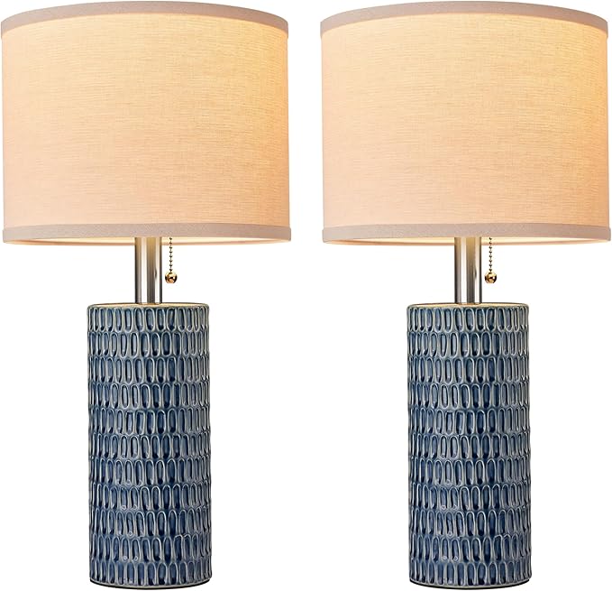 20.5" Modern Ceramic Table Lamps for Bedroom Set of 2, Bedside Lamps for Night Stands with Beige Lampshade, Farmhouse Table Lamp for Living Room Office Dorm, Blue