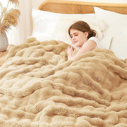 L'AGRATY Faux Rabbit Fur Blanket: 90" x 90" Queen Luxury Soft Fluffy Thick Fur Throw Blanket for Couch Bed - Cozy Plush Bubble Blankets for Winter: Flannel Fleece Decorative Blanket(Milk Tea Brown)