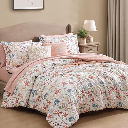 CASAAGUSTO Queen Comforter Set, 7 PCS Clay Pink Floral Comforter Set with Flowers Leaves Pattern, Soft Seersucker Design All Season Queen Size Bedding Set(90"X90")