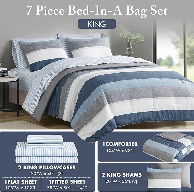 Madison Park Essentials Jaxon Bed in a Bag Comforter Set with Sheet, Printed Stripe Design, Modern All Season Bedding and Matching Sham, King Blue/Grey 7 Piece