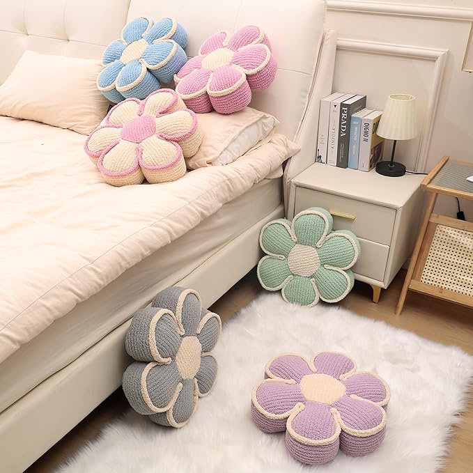 Beige Preppy Throw Pillow Decorative Flower Pillows 16" Cute Soft Fluffy Daisy Shaped Floor Cushion Aesthetic for Sitting Chair Couch Bed Room Bedroom Decor (1, Beige, 16 Inch)