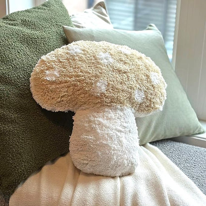 Mushroom Throw Pillow Tufted Shape Decorative Cushion 15” x 15” – Decor for Bed, Couch, Living Room (Cream)