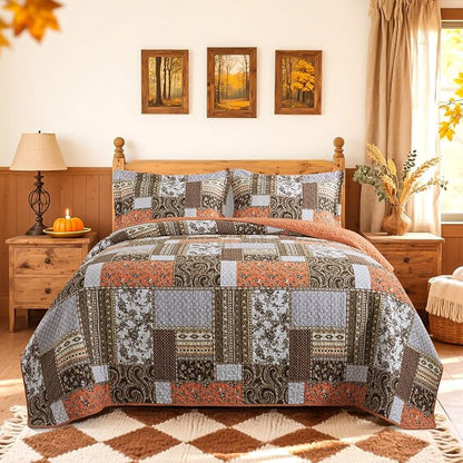 BEDIFANY Farmhouse Cotton Quilts Queen Size for Fall - Lightweight Patchwork Autumn Bedspread Set for Bed Coverlet - Highly-Woven Soft Reversible Bed Spread for All Seasons (Floral Orange) 3 Pieces