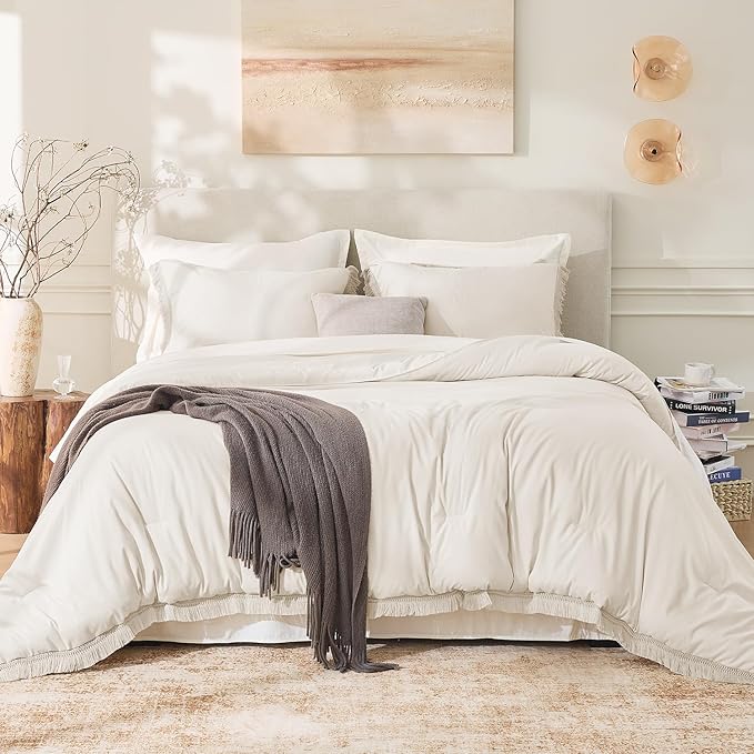 Andency Oversized King Size Comforter Set Beige 128x120, 3 Pieces Boho Soft Lightweight Bedding Comforter Sets, Tassel All Season Bed Set (1 Comforter & 2 Pillowcases)