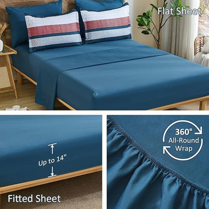 DJY Blue Comforter Set King Size,Boho Striped Bedding Sets Bed in a Bag,7 Pieces Soft Microfiber Bedding Set for All Season(104"×90")