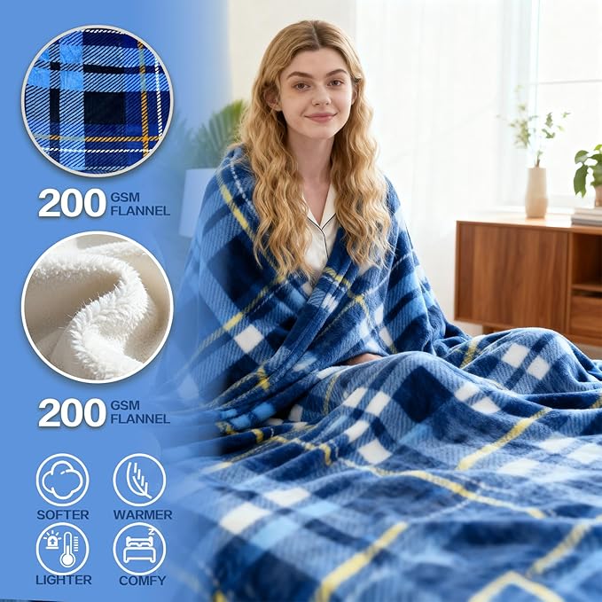 Electric Blanket Heated Throw, Soft Flannel 50"x60" Plaid Heating Blanket with 8 Hours Auto Off 10 Fast Heating Levels Machine Washable Sherpa Heated Blanket with Overheating Protection