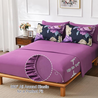 Dobuyly King Size Comforter Set Dark Purple 7 Piece Bed in a Bag, Elegant Floral Comforter Set with Sheets, Soft Microfiber Botanical Flower Bedding Set for All Season