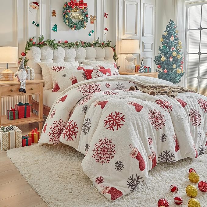 Christmas Sherpa Comforter Set King Size 3 Pieces Holiday Winter Bedding Microfiber Warm Fleece Comforter with 2 Pillow Shams - Thanksgiving New Year Gift Choice with Red Snowflake n Xmas Socks