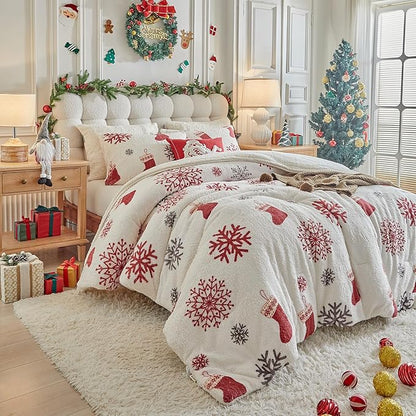 Christmas Sherpa Comforter Set King Size 3 Pieces Holiday Winter Bedding Microfiber Warm Fleece Comforter with 2 Pillow Shams - Thanksgiving New Year Gift Choice with Red Snowflake n Xmas Socks