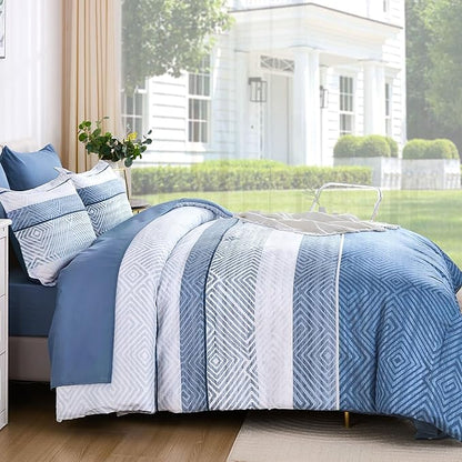Drucon 7 Piece Striped Comforter Set Queen Size Light Blue Bed in a Bag, Soft Microfiber Complete Bedding Set with Sheets for All Season