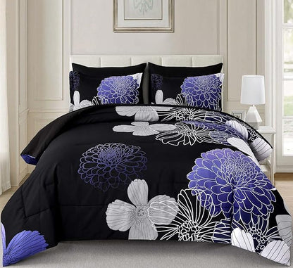 Yiran Floral Comforter Set King 7 Pieces Bed in a Bag Purple White Black Flower Comforter Soft Microfiber Bedding Sets for All Seasons 104"×90"