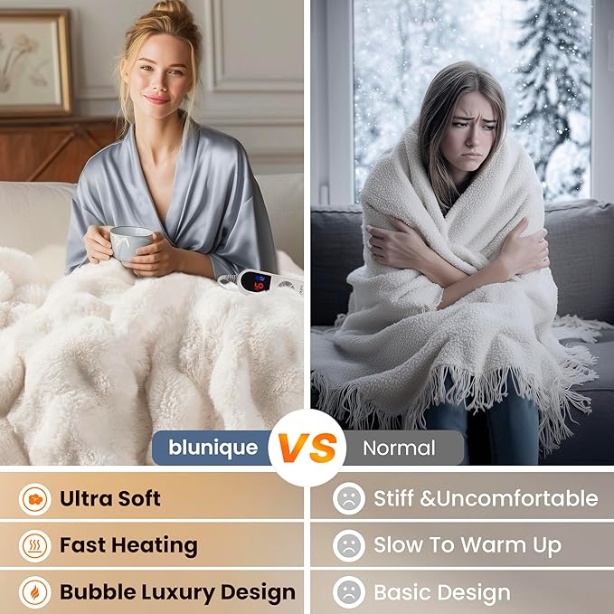 Electric Heated Blanket for Girls & Women, Soft & Luxurious, Faux Rabbit Fur Heating Throw Blankets, 6 Heat Settings, Overheat Protection, Quick Heating, Memory Function, Gift-Ready Design, 50"x60"