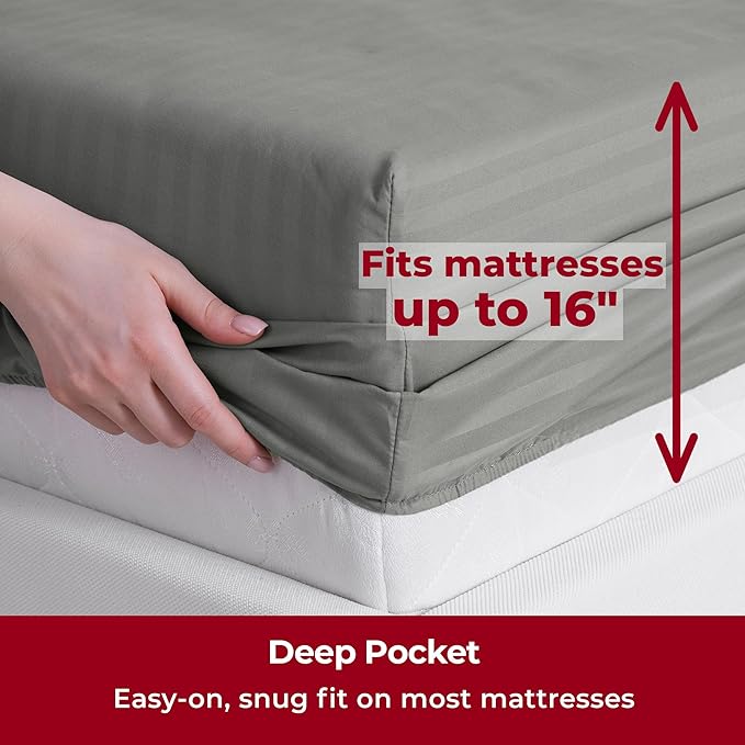 Mellanni Queen Sheets Set - 4 PC Iconic Collection Bedding - Hotel Luxury, Extra Soft, Cooling Bed Sheets - Wrinkle, Fade, Stain Resistant (Queen, Striped Gray/Silver)