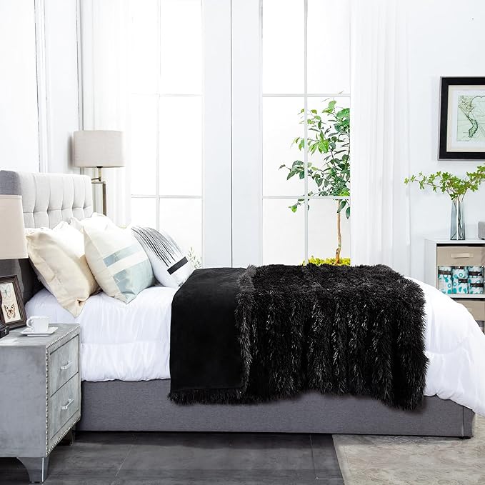 JONIYEAR Oversized Decorative Fluffy Faux Fur Throw Blanket Twin Size 60" x 71",Soft Large Luxury Lightweight Furry Blanket,Accent Cozy Shaggy Plush Thick Warm Fuzzy Blankets for Winter Bed Sofa,Black