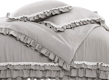Lush Decor Ella Ruffle Lace Comforter, 3 Piece Set, Full/Queen, Light Gray - Cute Comforter - Queen Bedding Set - Gray Bedding Full Size - Coquette Decor - Ruffle Trim - Lace Trim