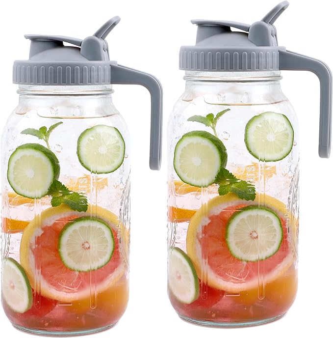 Mason Jar Pitcher Wide Mouth 2 Pack 64 OZ Glass Pitcher With Pour Spout Lids Airtight Leak-proof 2 Quart Water Carafe With Handle For Beverage, Iced Tea, Milk, Sun Tea, Lemonade, Iced Coffee