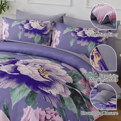 Dobuyly Floral Comforter Set Queen 7 Piece Bed in a Bag, Purple Pink Flower Comforter Set with Sheets, Soft Microfiber Botanical Flower Bedding Set for All Season
