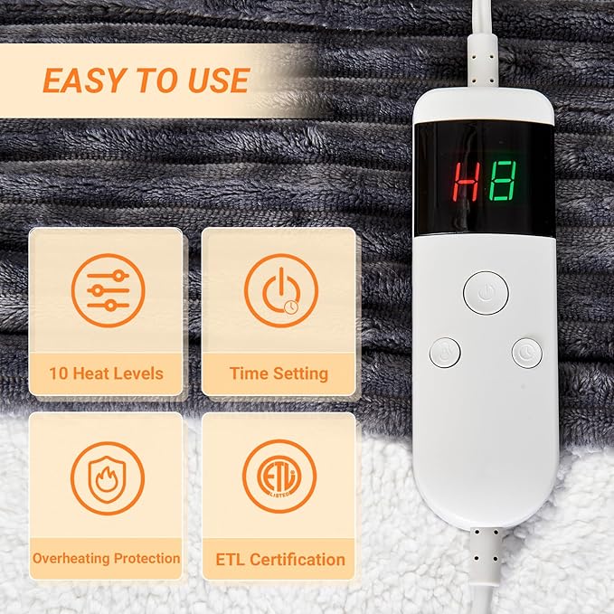 Heated Blanket Electric Full, Soft Flannel Heating Blanket with 8 Hours Auto Off 10 Fast Heating Levels Machine Washable Sherpa Heated Blanket with Overheating Protection