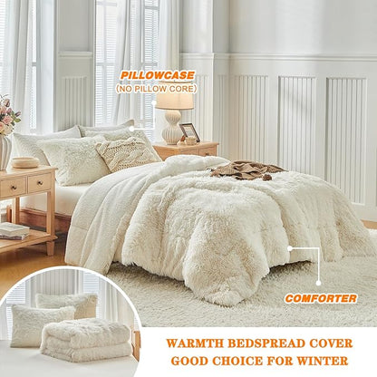 Faux Fur Shaggy Comforter Set Queen 3 Pieces - 1 Cream White Comforter Set with Sherpa and 2 Pillowcases, Ultra Soft and Easy Care Luxury Plush Shaggy Super Soft and Warm Beige Duvet Set