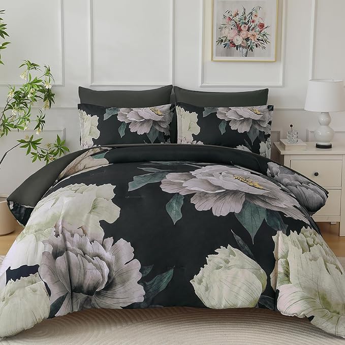 Dobuyly Black Comforter Set King Size 7 Piece Bed in a Bag, Floral Comforter Set with Sheets, Soft Microfiber Botanical Flower Bedding Set for All Season