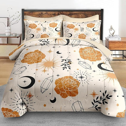 Comforter Set King Size, Plants Boho Astrology 7 Pcs Bedding for Kids and Adults, Vintage Space Leaf Bed Sheet Sets with Fitted Sheet 2 Pillowcases & 2 Shams for Bedroom Bed Decor
