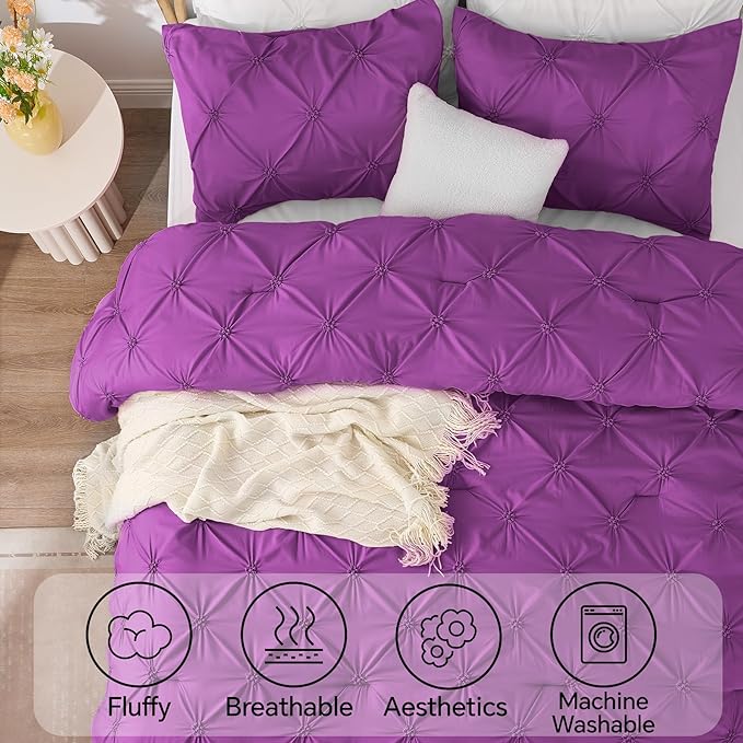 BEDELITE Purple King Size Comforter Set - 3 Pieces Boho Pintuck Bedding Comforter Sets, Lightweight Soft & Warm King Bedding Set with 2 Pillowcases for All Season