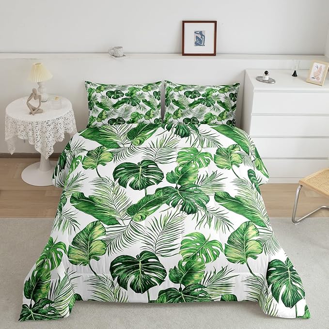 Erosebridal Palm Leaves Comforter Set Hawaiian Bedding Set Monstera Banana Leaves Down Comforter Queen Size Summer Tropical Leaves Quilt Set Green White Lightweight 3Pcs Bedroom Decor