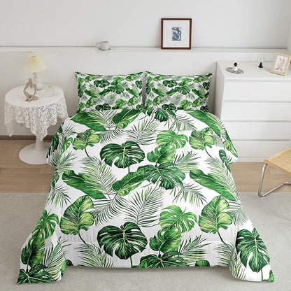 Erosebridal Palm Leaves Comforter Set Hawaiian Bedding Set Monstera Banana Leaves Down Comforter King Size Summer Tropical Leaves Quilt Set Green White Lightweight 3Pcs Bedroom Decor