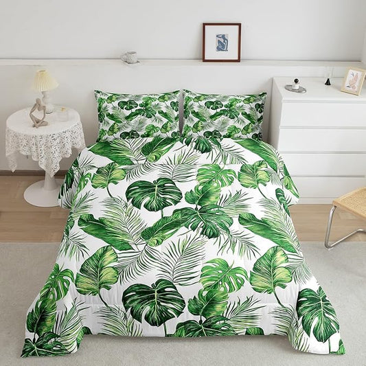 Erosebridal Palm Leaves Comforter Set Hawaiian Bedding Set Monstera Banana Leaves Down Comforter King Size Summer Tropical Leaves Quilt Set Green White Lightweight 3Pcs Bedroom Decor