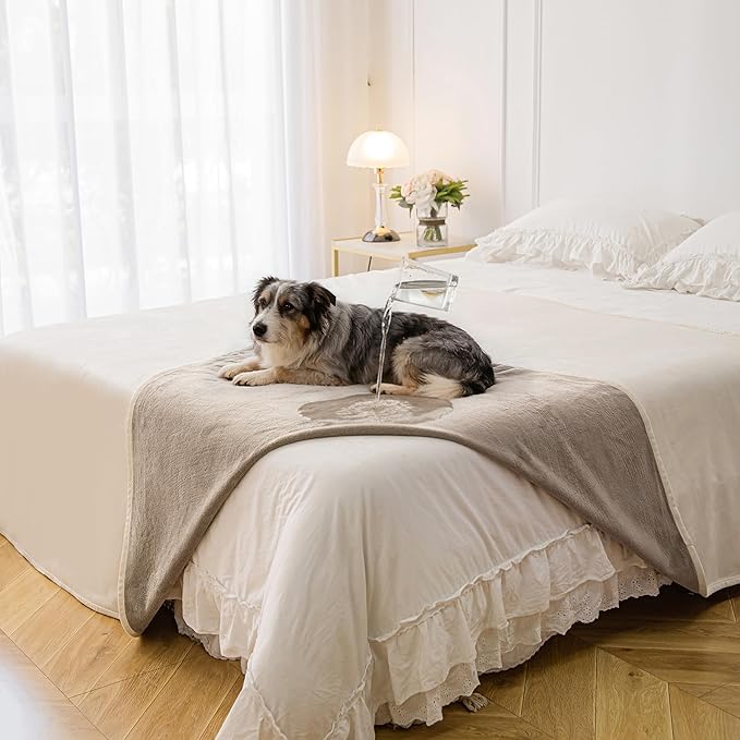 Waterproof Blanket for Bed, Leak Proof Dog Couch Blankets Reversible, Pet Throw Sofa Furniture Protector Machine Washable-82 x120,Beige+Khaki