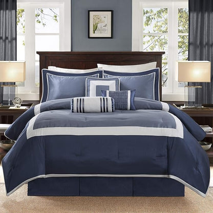 Madison Park Cozy Comforter Set-Deluxe Hotel Collection, All Season Down Alternative Luxury Bedding with Matching Shams, Decorative Pillows, Cal King(104"x92"), Genevieve, Navy 7 Piece