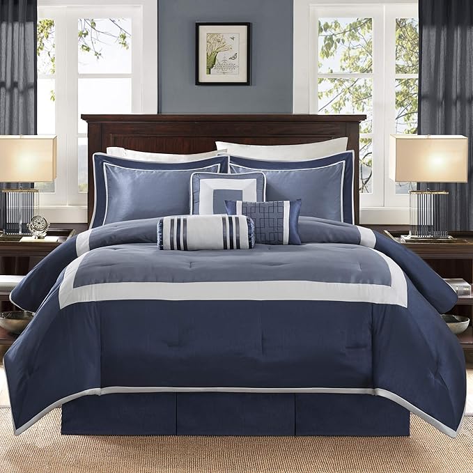Madison Park Cozy Comforter Set-Deluxe Hotel Collection, All Season Down Alternative Luxury Bedding with Matching Shams, Decorative Pillows, King(104"x92"), Genevieve, Navy 7 Piece